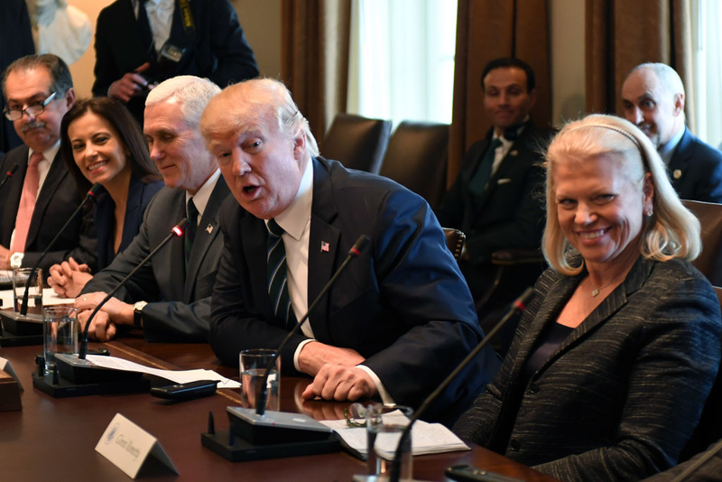 IBM CEO Virginia Marie ‘Ginni’ Rometty (R) during a roundtable discussion on vocational training with United States and German business leaders lead in the Cabinet Room of the White House on March 17, 2017 in Washington, DC. (Photo by Pat Benic-Pool/Getty Images)